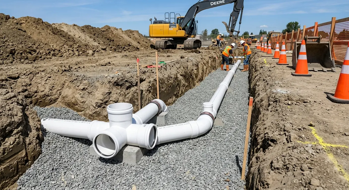New PVC sewer pipe installation in open trench for Commercial Drain Cleaning in Wildwood