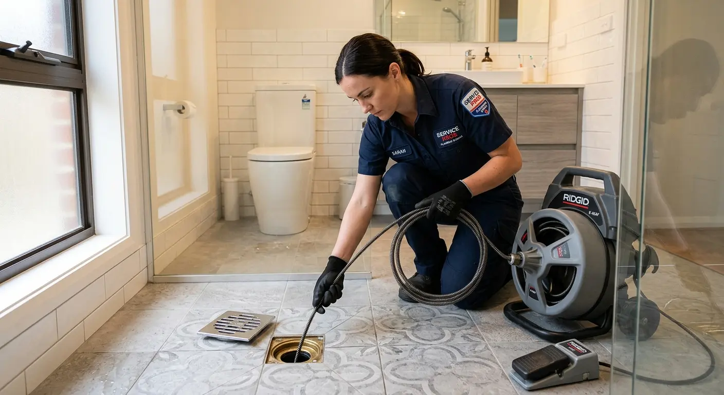 Technician clearing a bathroom floor drain for Clogged Drain Repair in Wildwood